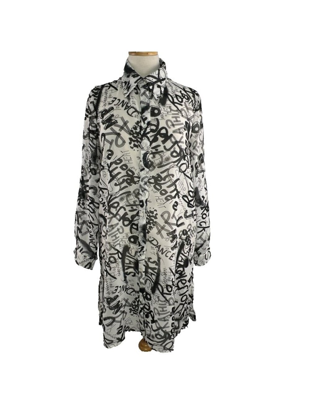 Live 4 Truth Sz S Sheer Graffiti Print Button-up Retro Grunge Long Shirt Dress